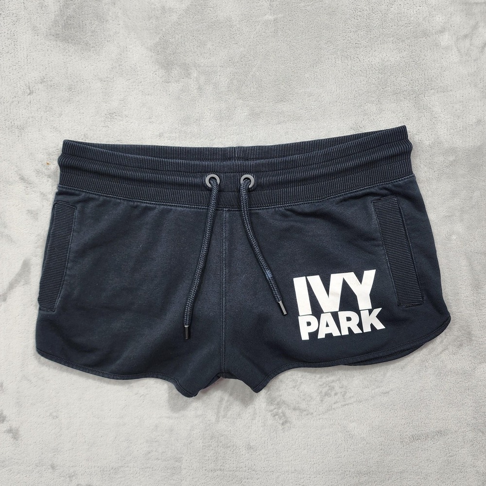 Ivy Park Shorts Womens M Black French Terry Sweat Logo Drawstring Gym Workout